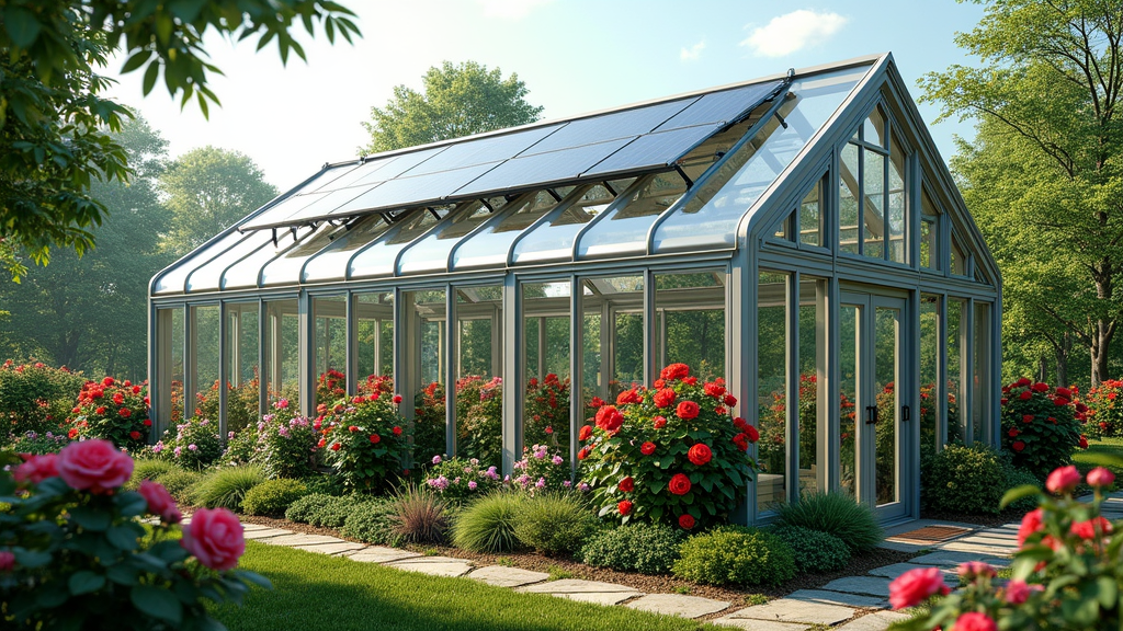 A modern energy-efficient greenhouse filled with vibrant rose bushes, featuring transparent insulated panels and rooftop solar panels, surrounded by lush greenery.