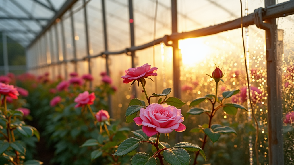 Insulated greenhouse with roses blooming inside, sunlight diffusing through translucent panels, surrounded by condensation droplets on the walls, and some thermal screens visible overhead.