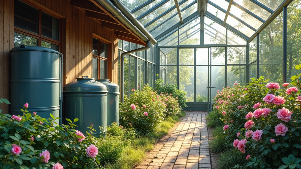 Rainwater harvesting barrels and piping system near a greenhouse filled with blooming roses