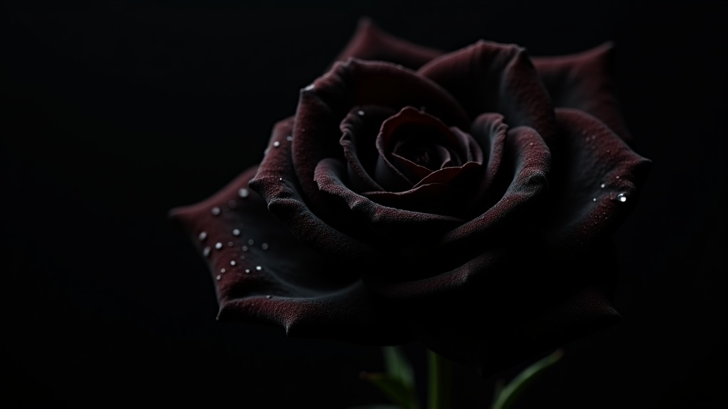 A close-up photo of velvety black rose petals glistening with droplets in soft natural light.