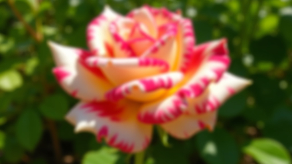 A striped rose in brilliant pink, cream, and red streaks unfurling in a sunlit garden