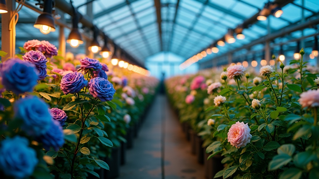 A vibrant assortment of unusual rose colors under soft greenhouse lighting.