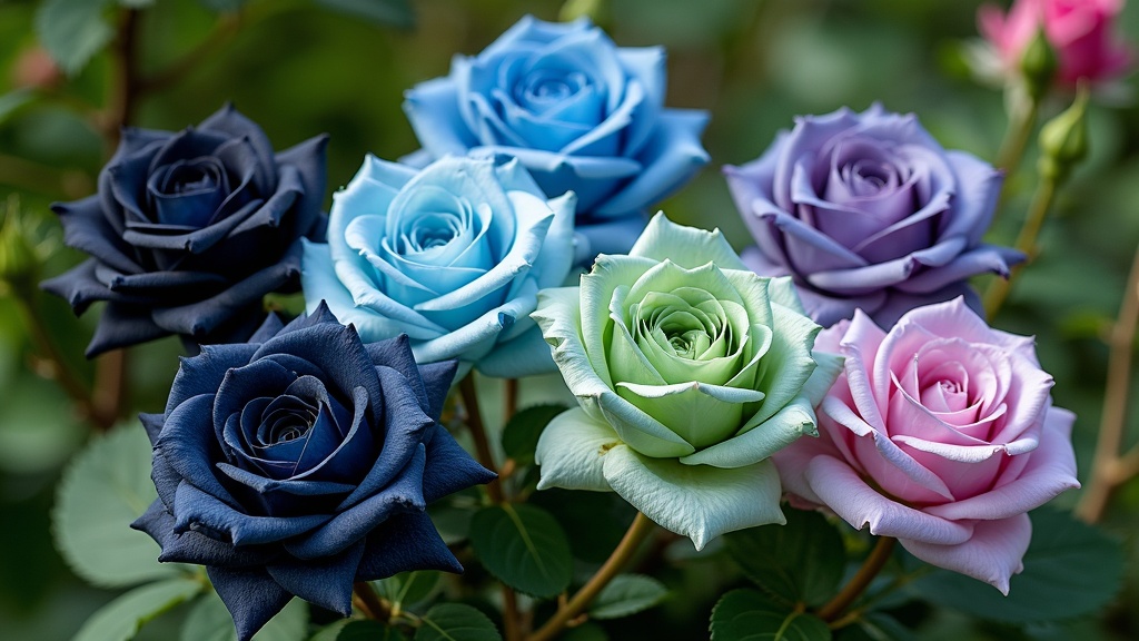Assorted rare rose varieties in shades of blue, black, lavender, green, and striped patterns in a garden bed
