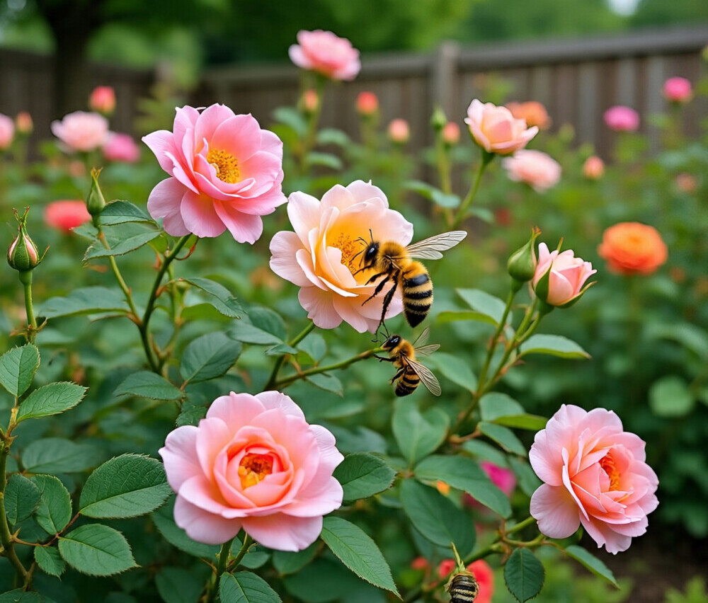 Bees on Polyantha Rose
