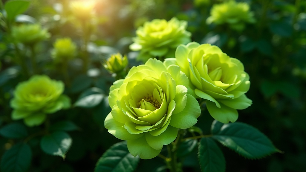 Close-up of green roses growing in a garden bed, surrounded by deeply colored rose foliage and soft natural sunlight