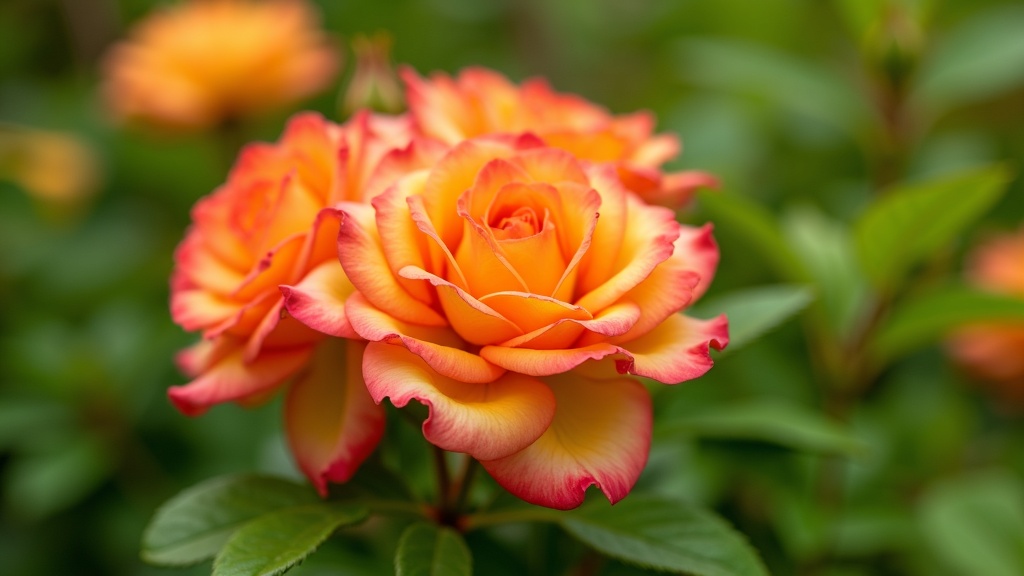 Cluster of vibrant orange and coral roses in full bloom in a garden setting