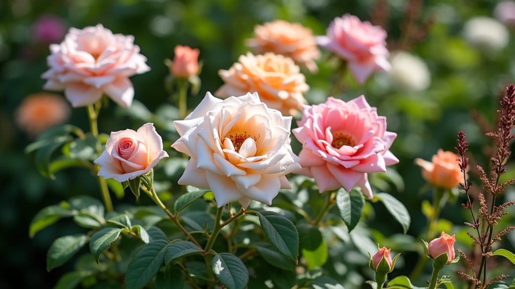 Clusters of pale pink Hybrid Musk rose flowers blooming in a lush garden