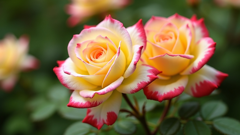 dual-colored roses in a garden border