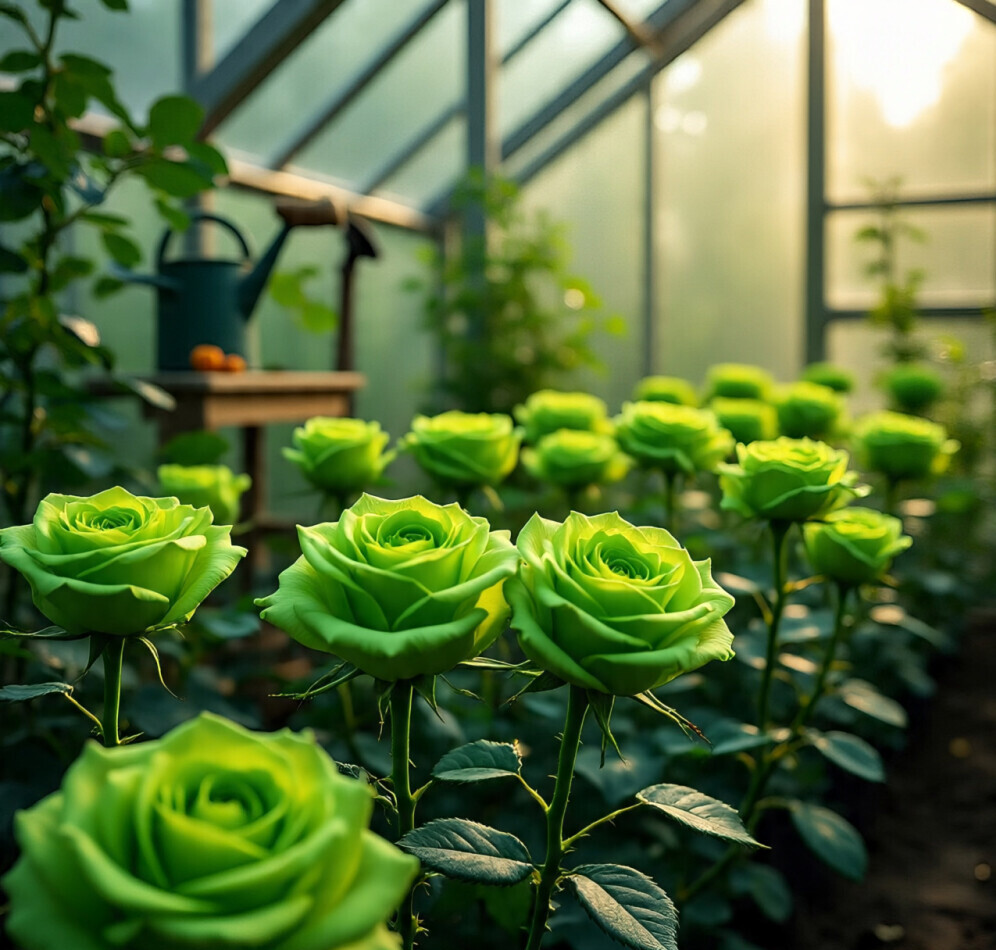 green roses in a greenhouse