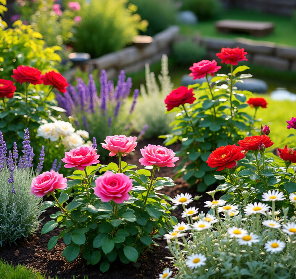 Polyantha Rose with annuals