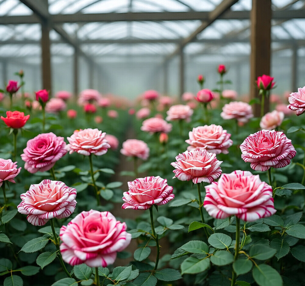 striped rose in a greenhouse