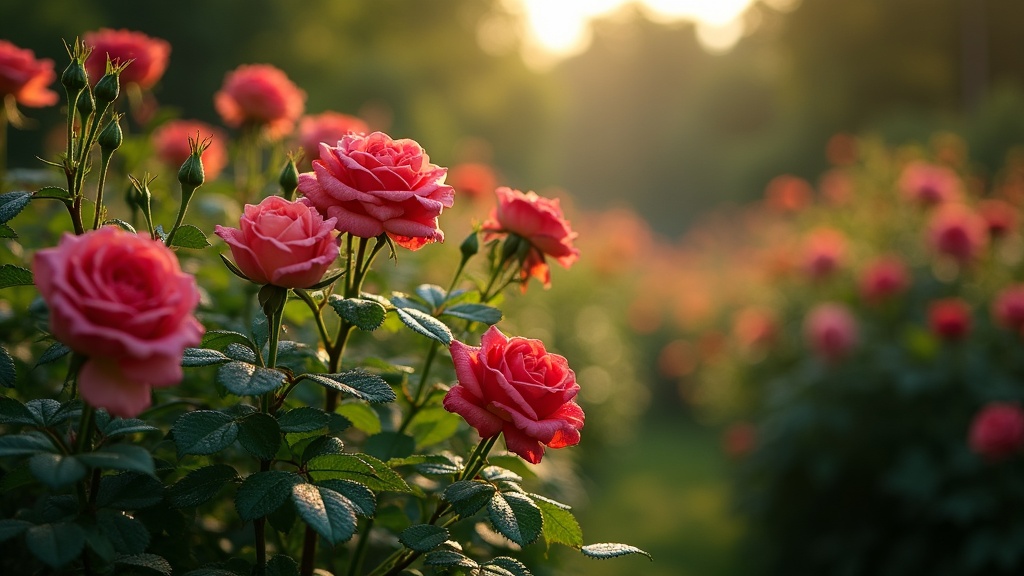 A collection of extremely fragrant roses in full bloom, arranged in a cottage garden with morning sunlight and dew