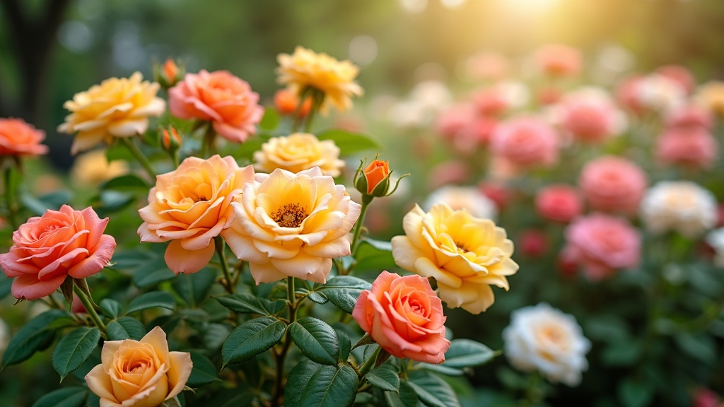 A vibrant garden with fragrant rose varieties in full bloom