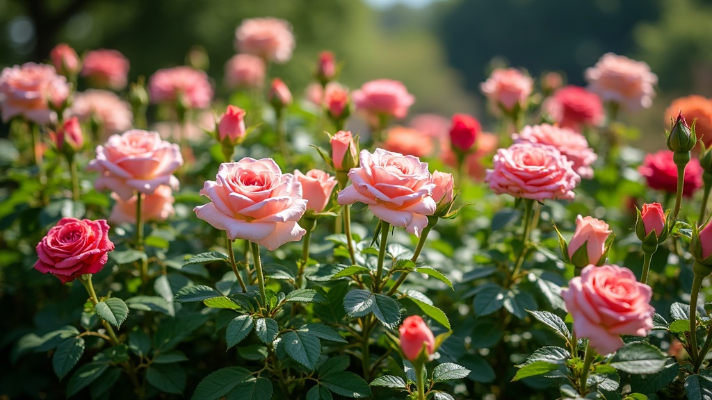 Close up of blooming fragrant roses in a lush garden