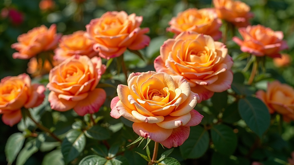 Colorful collection of fruity-scented roses in a lush garden