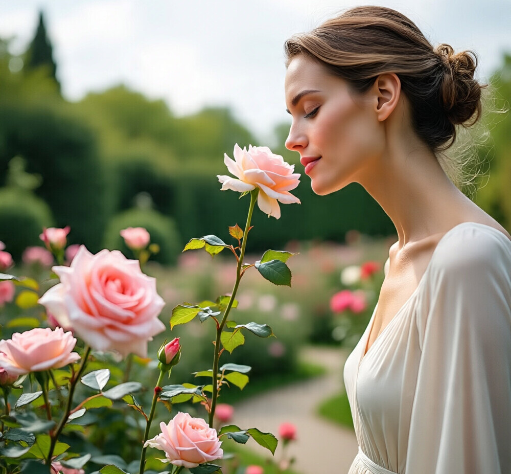 lady smelling roses