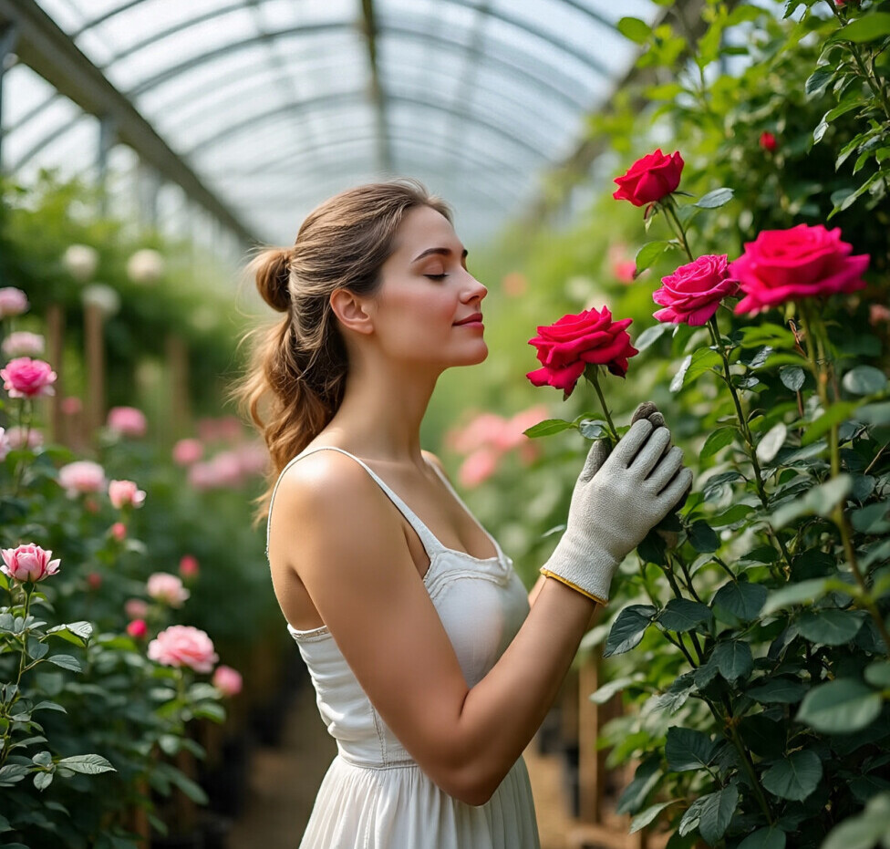 smelling roses in a greenhouse