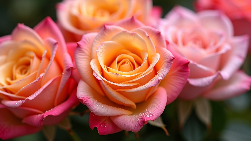 A close-up display of blooming roses in various colors, some with dewdrops, highlighting their petals and suggesting a variety of fragrances
