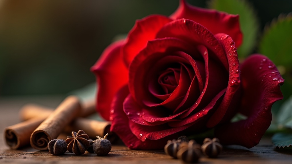 A close-up of a velvety red spicy rose, with dew on the petals and hints of cinnamon sticks and cloves nearby.