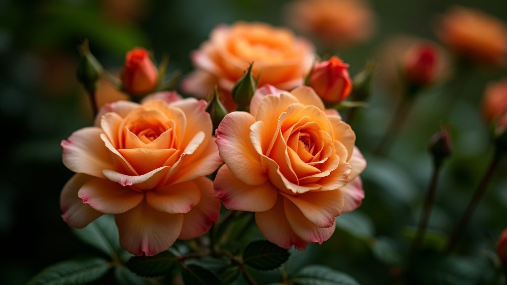 A close-up photo of amber-orange tea-scented roses blooming gracefully in a classic garden setting.