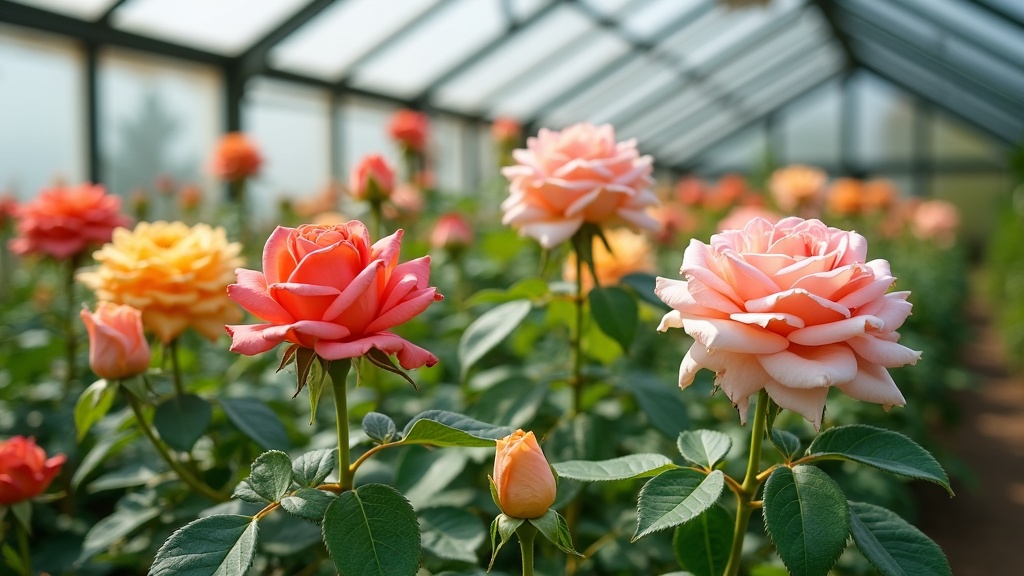 Repeat flowering roses blooming in a small greenhouse, surrounded by lush green foliage and filtered sunlight.